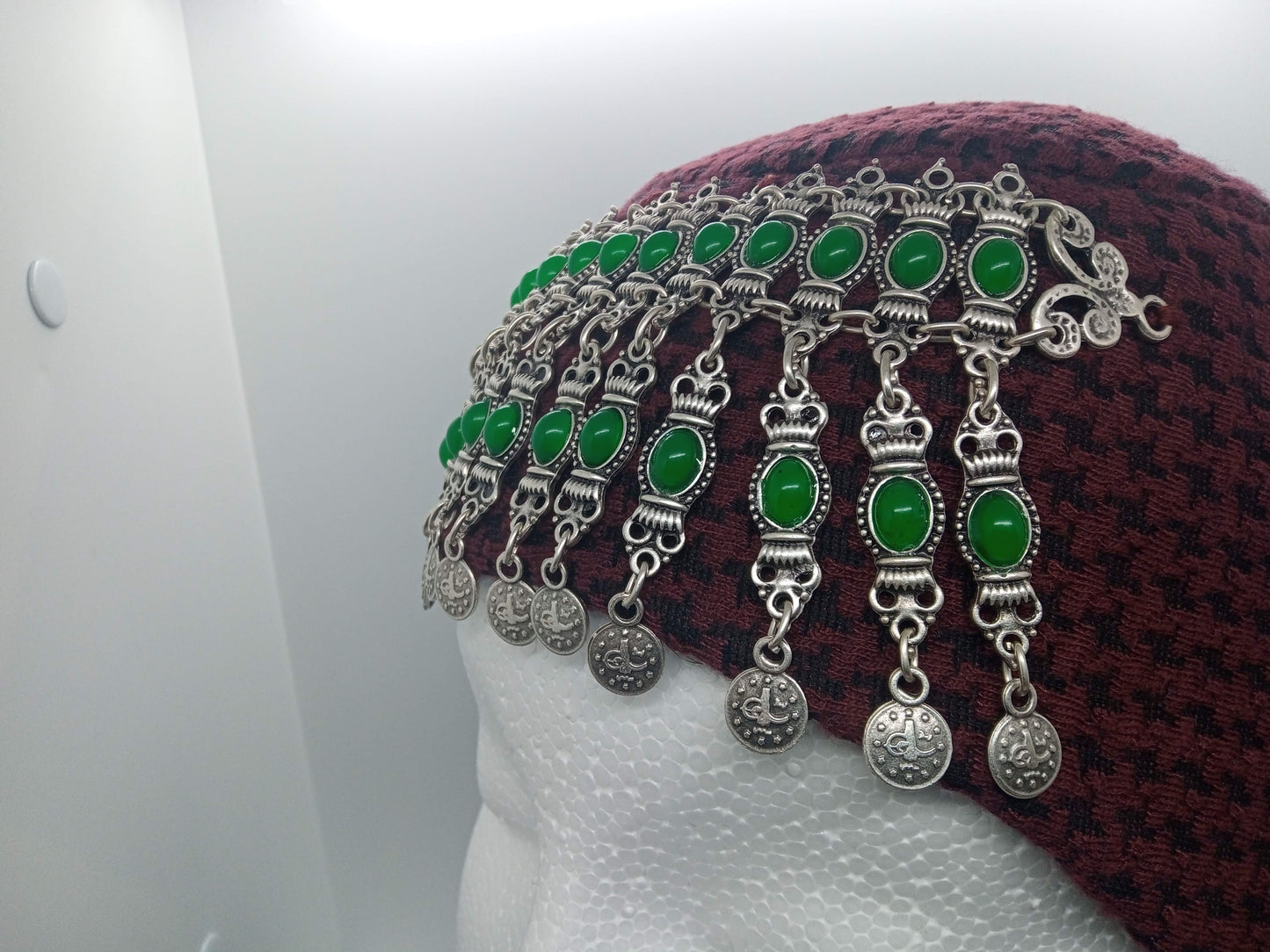 Green beaded, red hat, blue scarf Ottoman Hatun hat