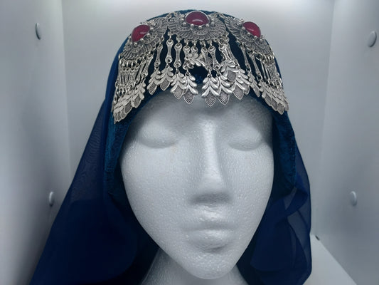 3 red jeweled, blue hat, blue scarf Ottoman Hatun hat