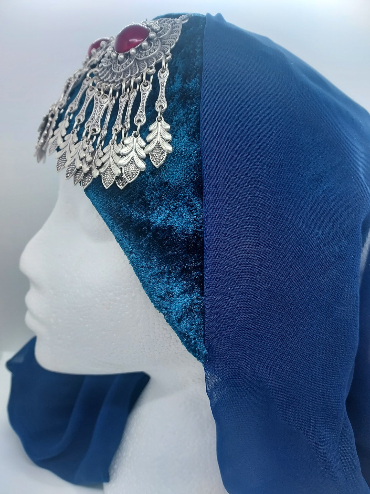 3 red jeweled, blue hat, blue scarf Ottoman Hatun hat