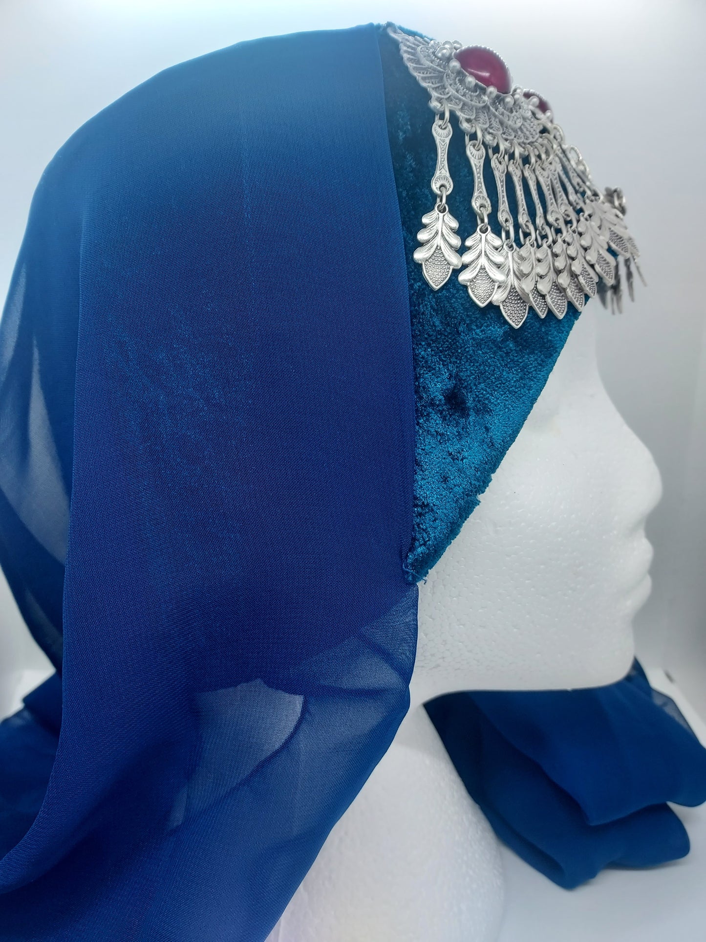 3 red jeweled, blue hat, blue scarf Ottoman Hatun hat