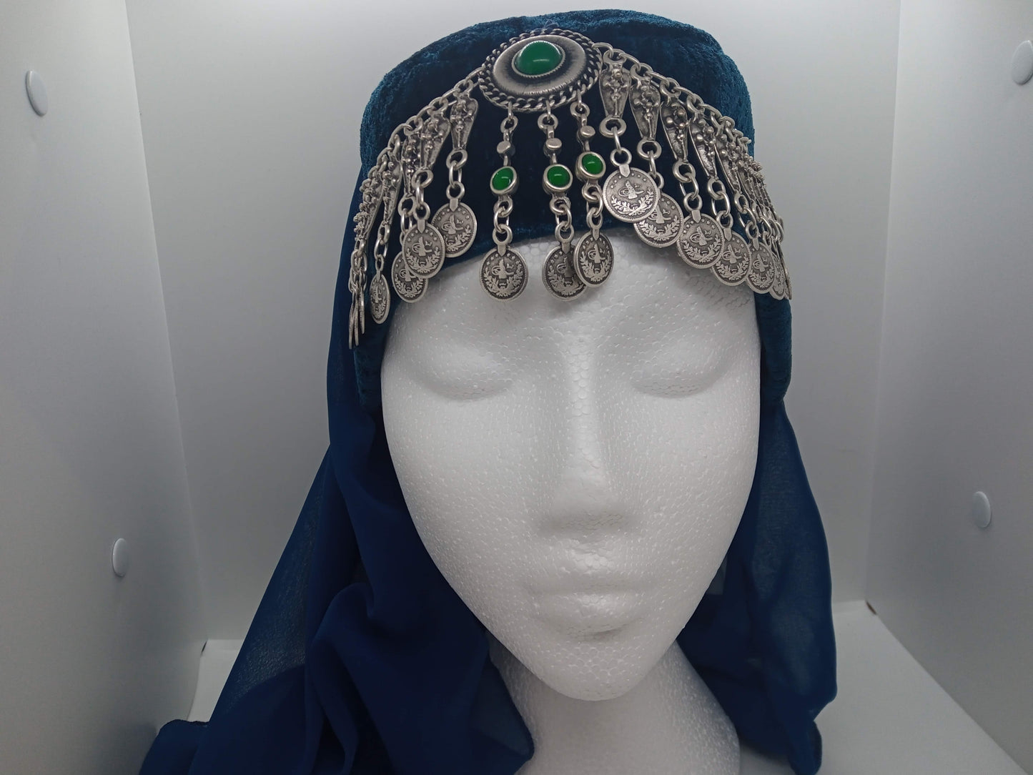 Green jewel, blue hat and scarf Ottoman Hatun hat