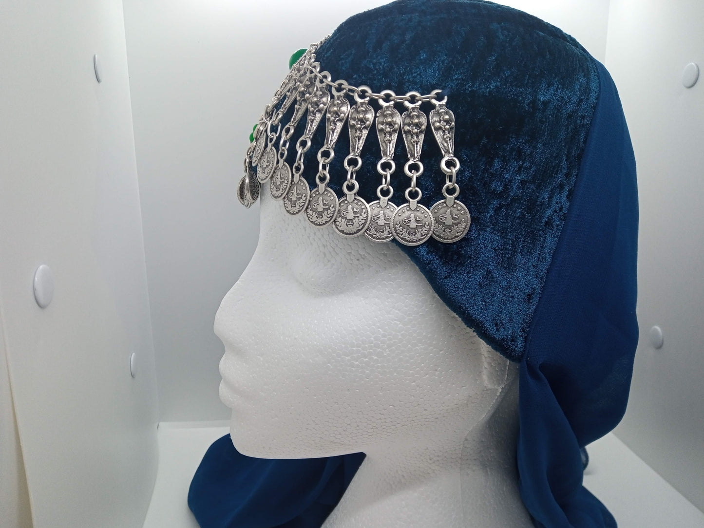 Green jewel, blue hat and scarf Ottoman Hatun hat