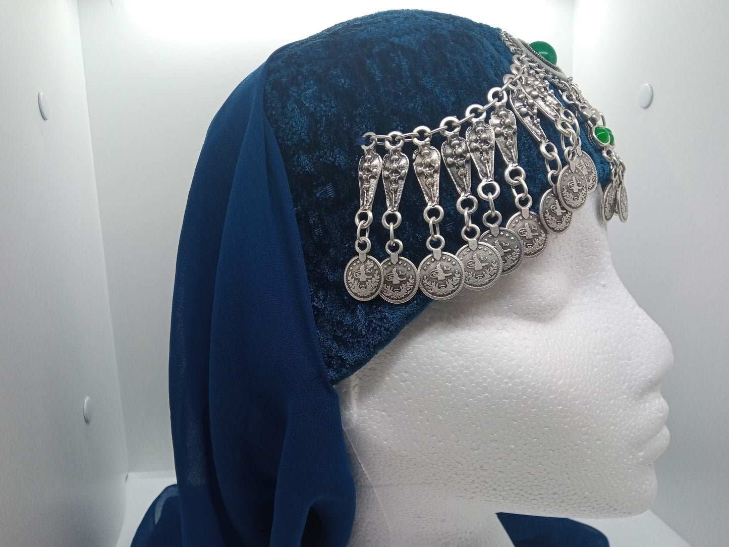 Green jewel, blue hat and scarf Ottoman Hatun hat