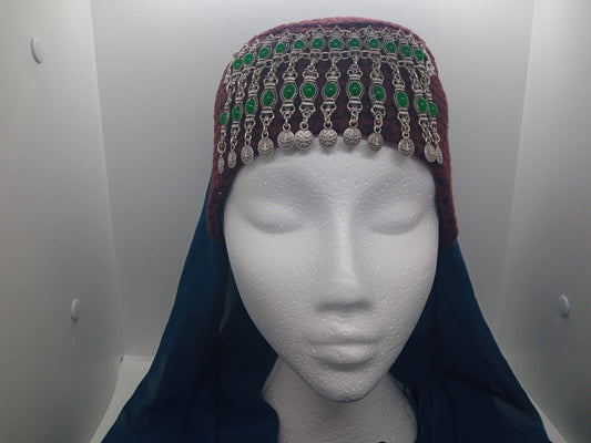 Green beaded, red hat, blue scarf Ottoman Hatun hat