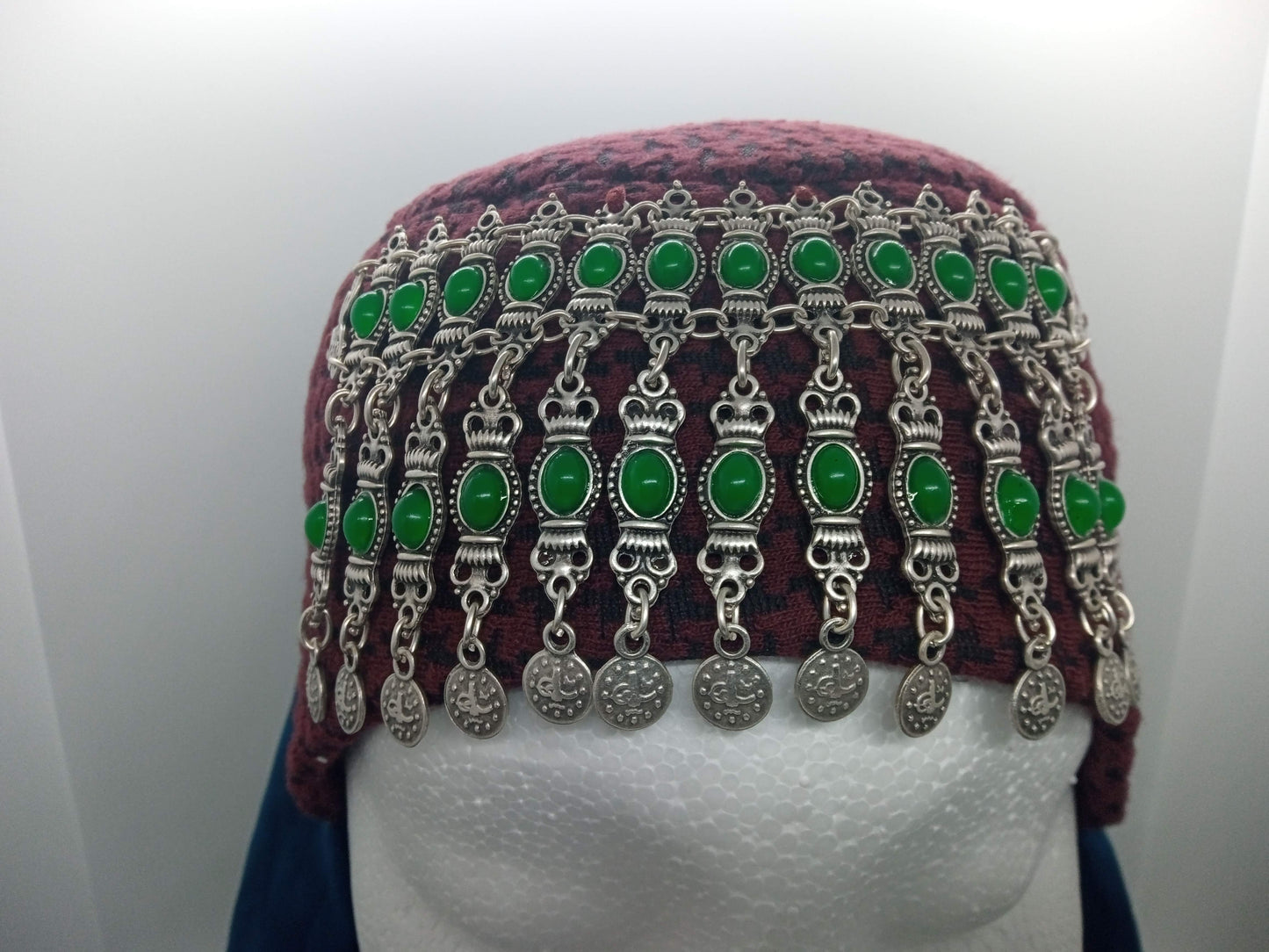 Green beaded, red hat, blue scarf Ottoman Hatun hat