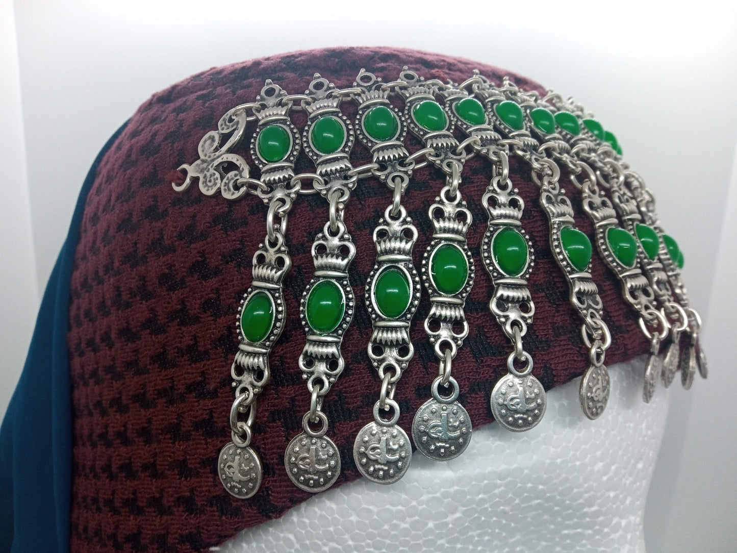 Green beaded, red hat, blue scarf Ottoman Hatun hat