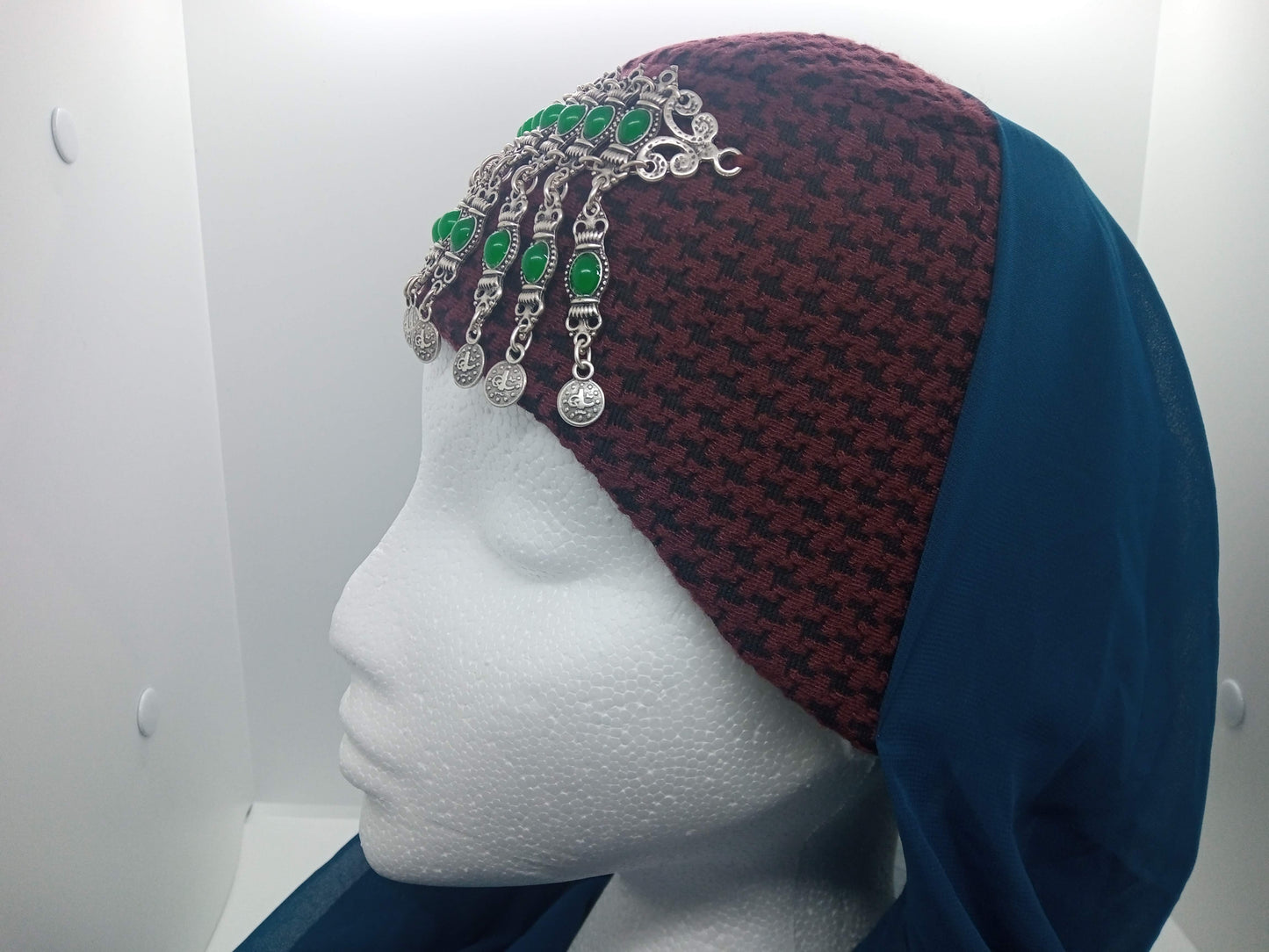 Green beaded, red hat, blue scarf Ottoman Hatun hat