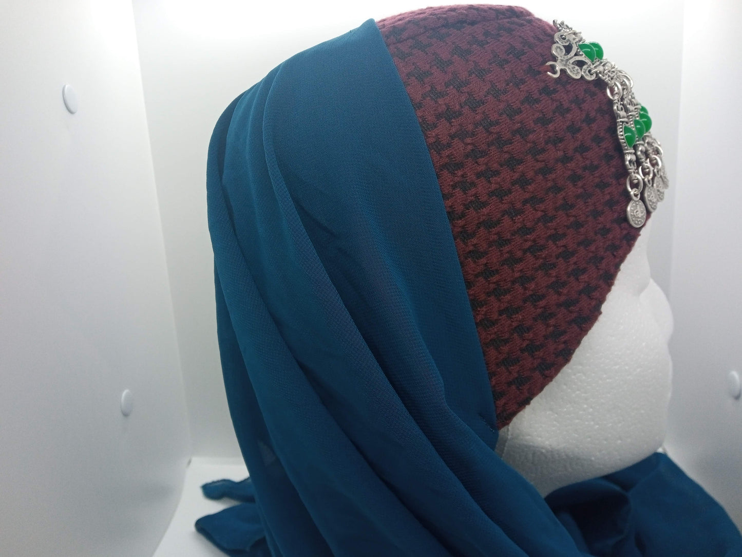 Green beaded, red hat, blue scarf Ottoman Hatun hat