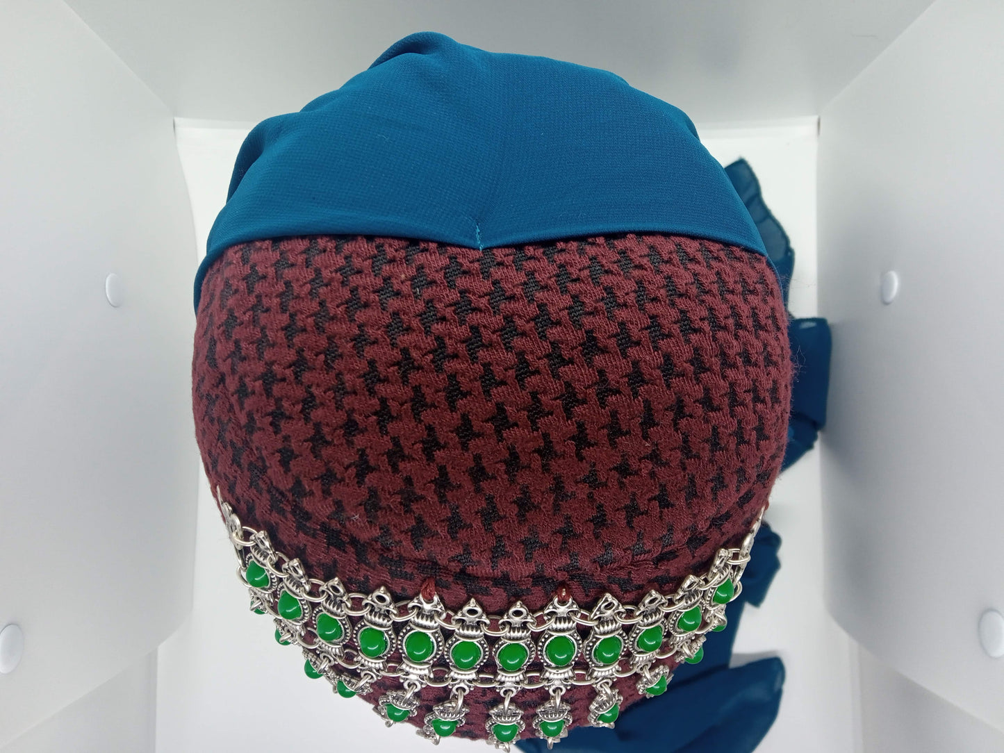 Green beaded, red hat, blue scarf Ottoman Hatun hat