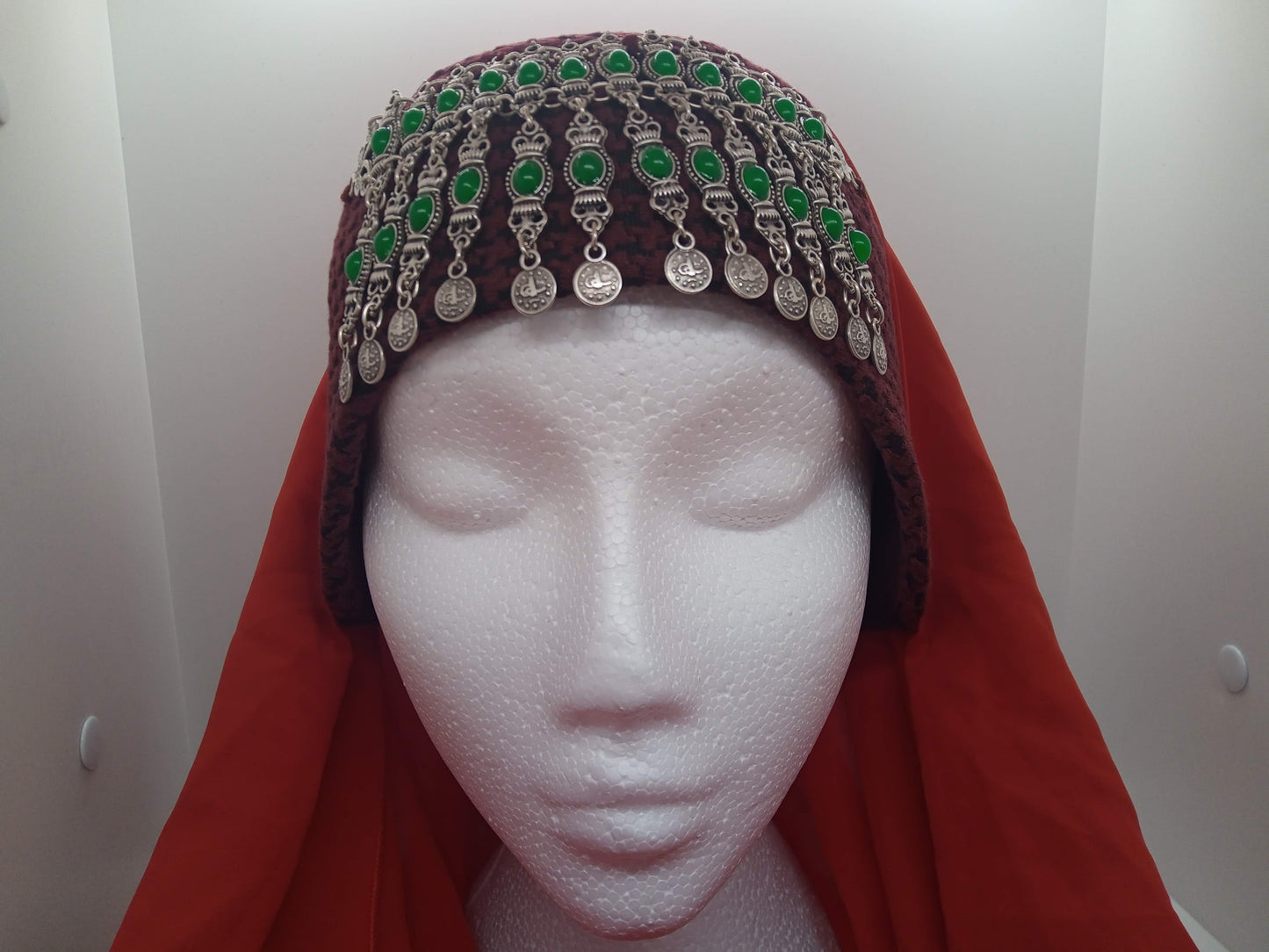 Green beaded, red hat and red scarf Ottoman Hatun hat