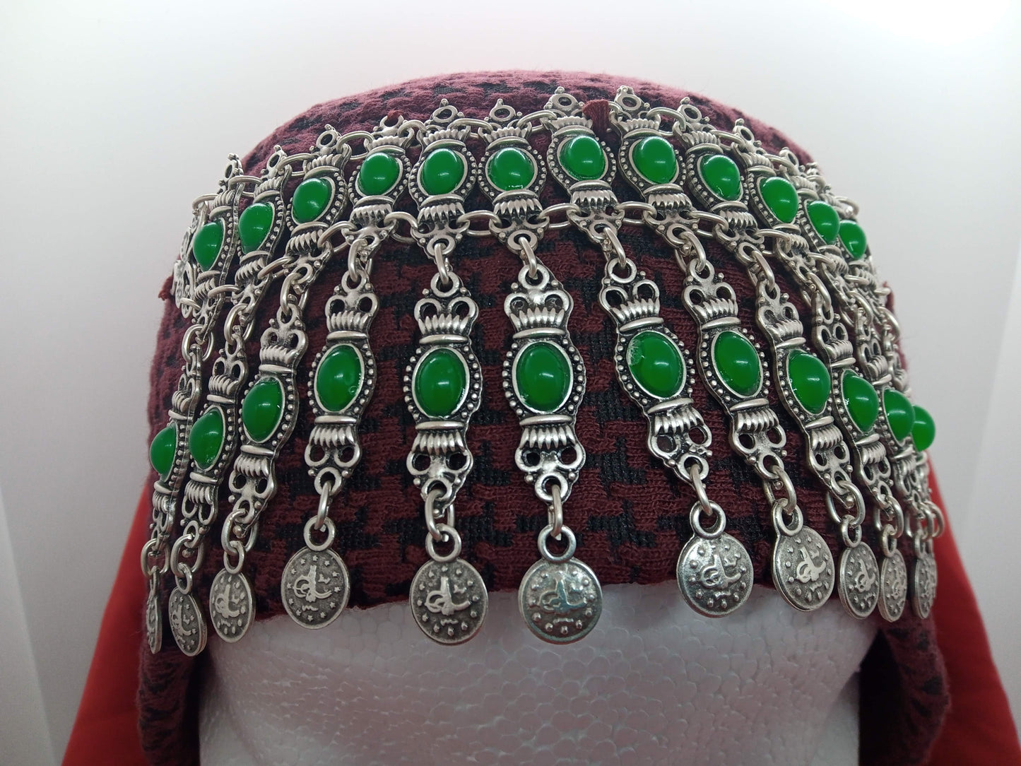 Green beaded, red hat and red scarf Ottoman Hatun hat