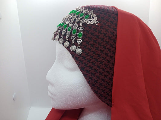 Green beaded, red hat and red scarf Ottoman Hatun hat