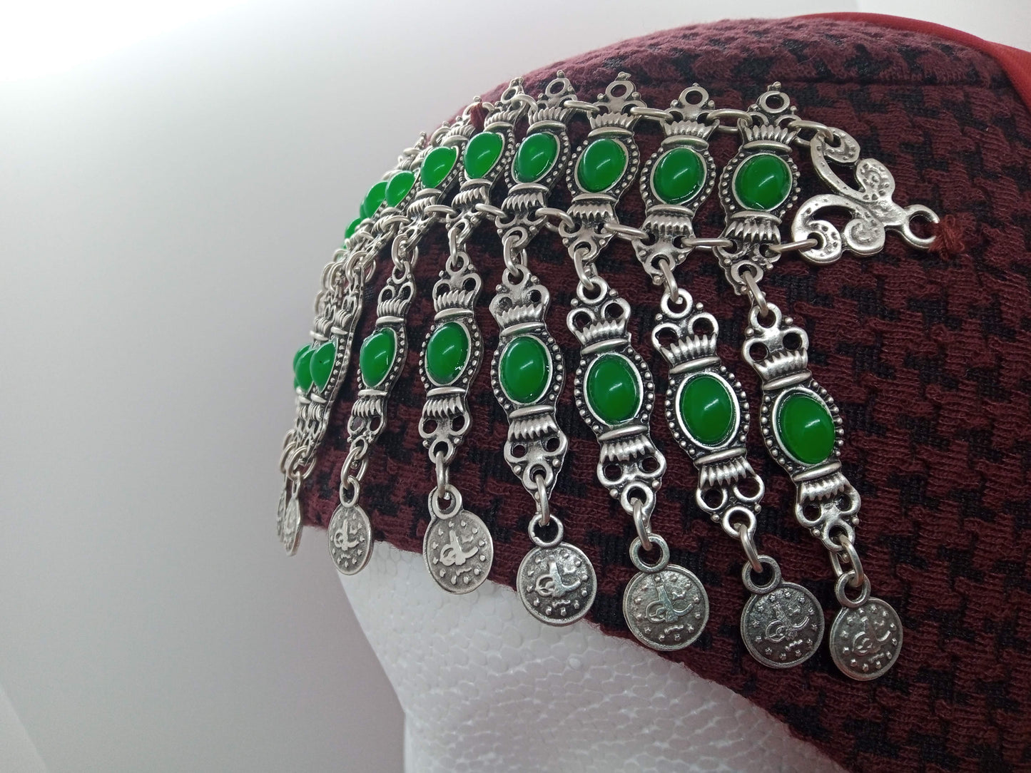 Green beaded, red hat and red scarf Ottoman Hatun hat