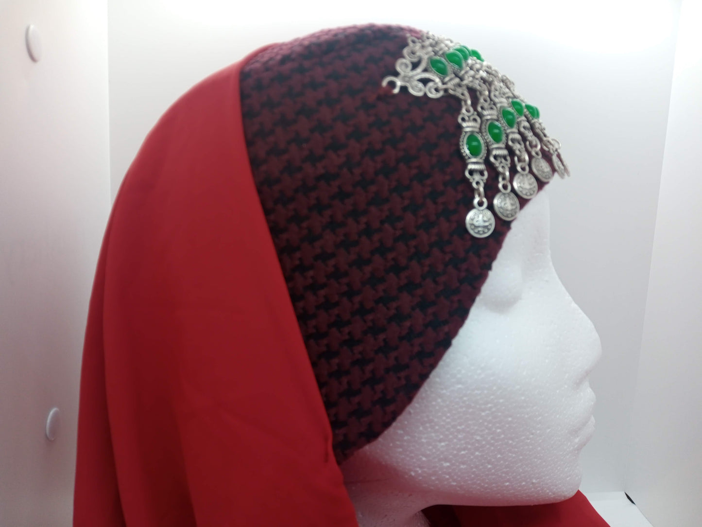 Green beaded, red hat and red scarf Ottoman Hatun hat