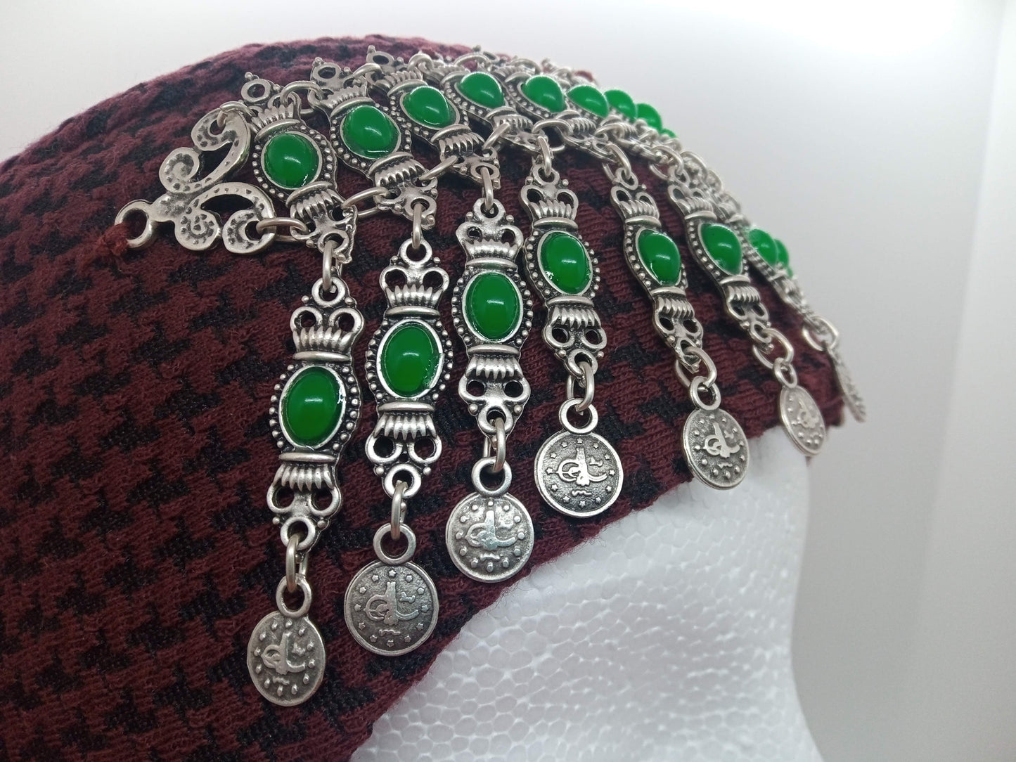 Green beaded, red hat and red scarf Ottoman Hatun hat