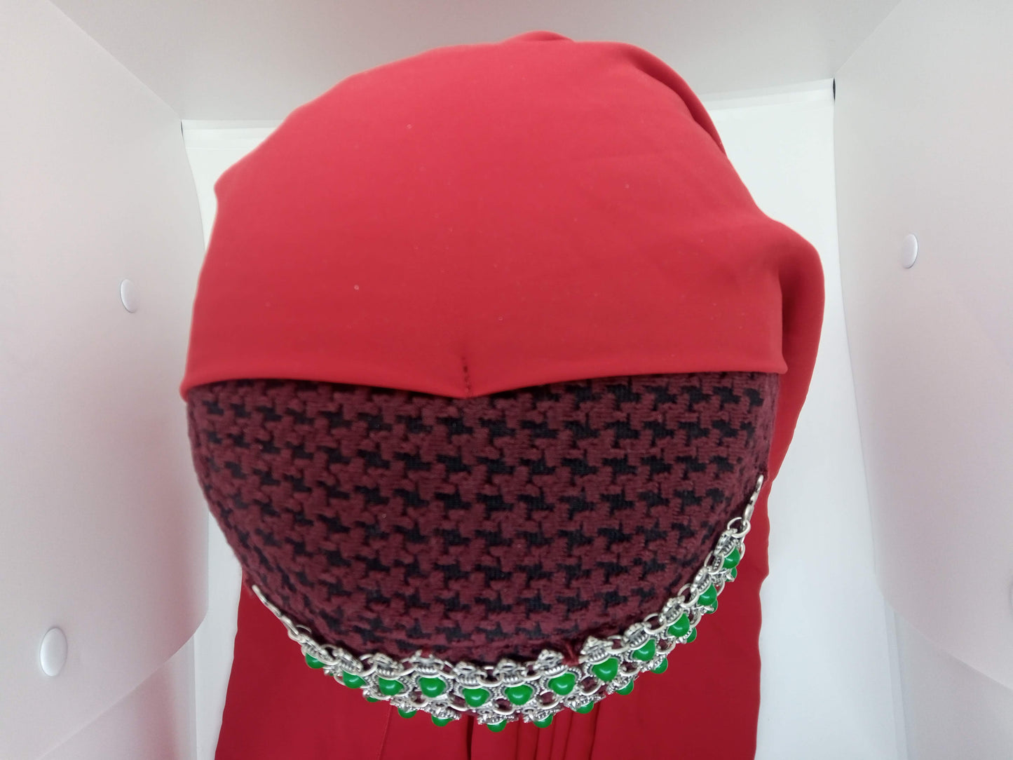 Green beaded, red hat and red scarf Ottoman Hatun hat