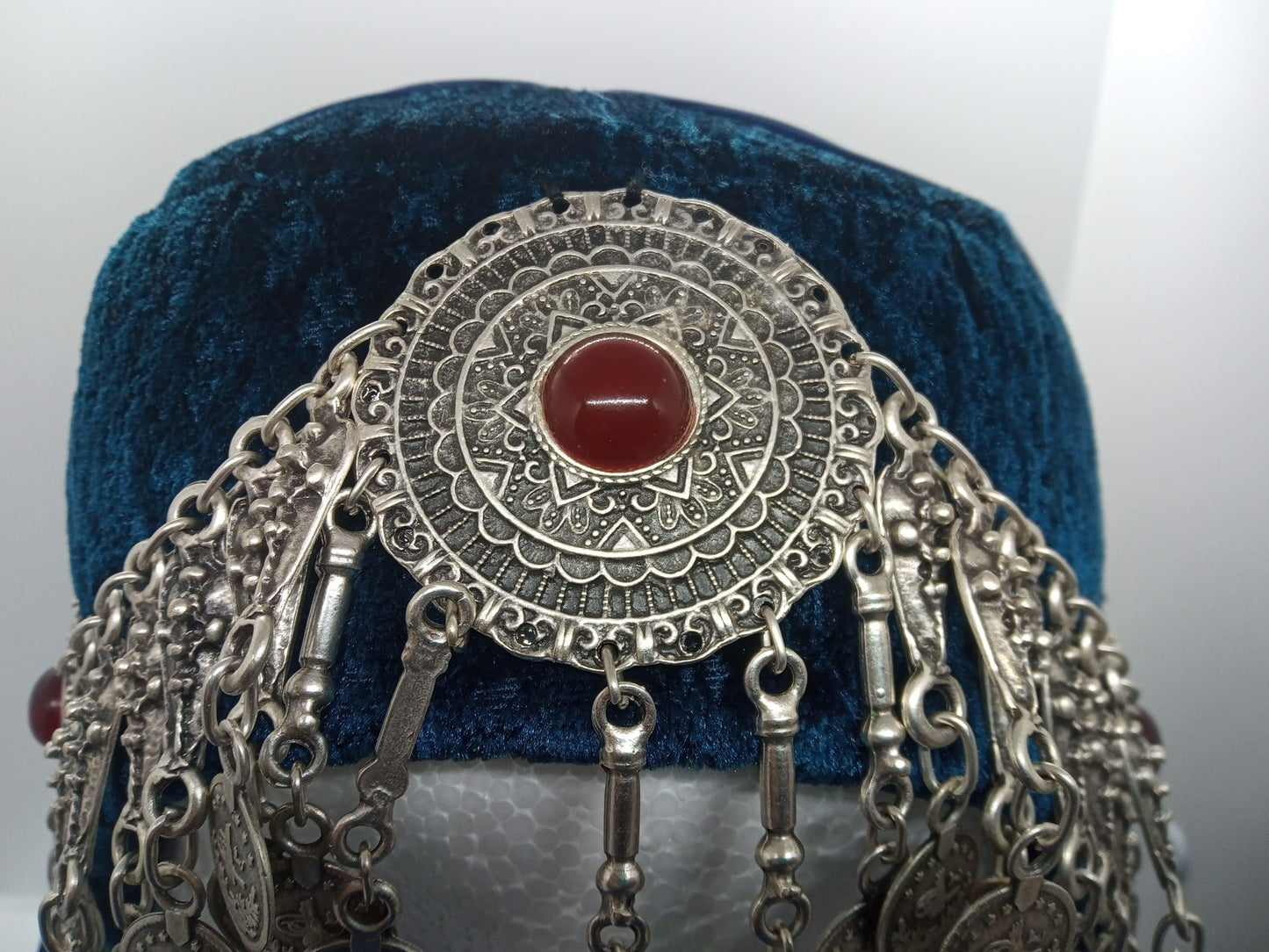 3 red jeweled, full total blue Ottoman Hatun hat