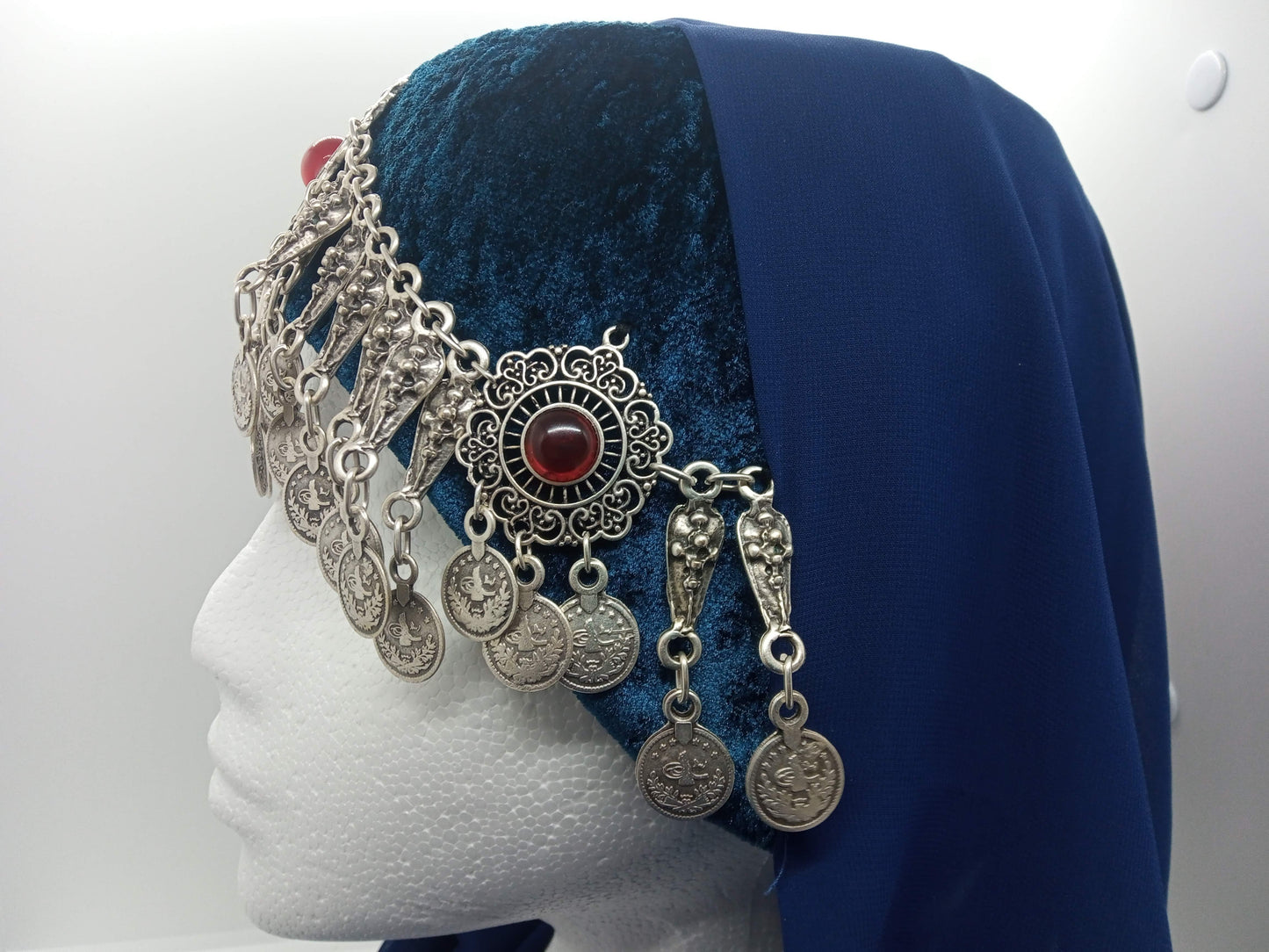 3 red jeweled, full total blue Ottoman Hatun hat