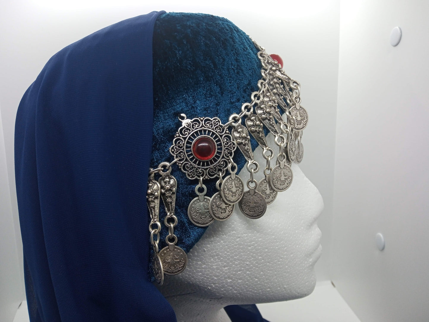 3 red jeweled, full total blue Ottoman Hatun hat