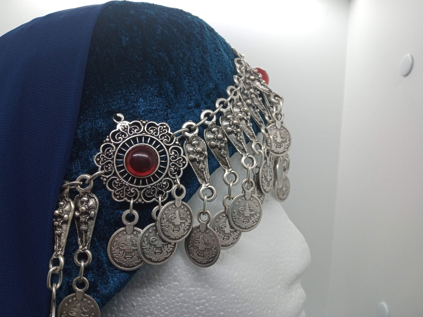 3 red jeweled, full total blue Ottoman Hatun hat